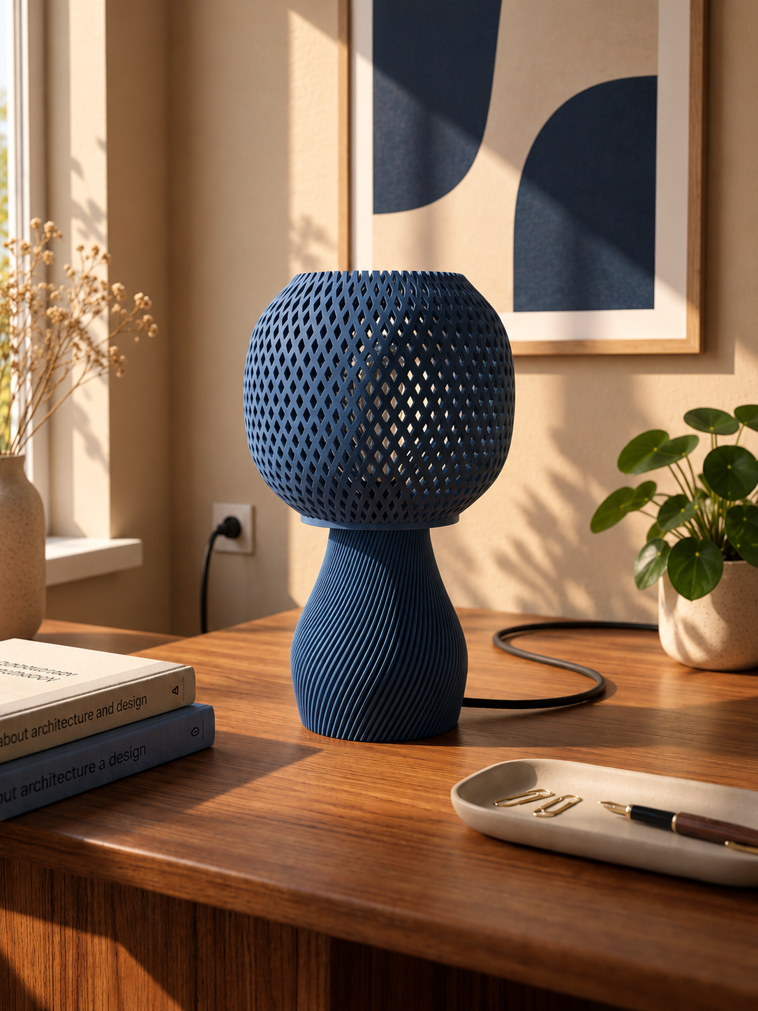 Lampe design bleu nuit en PLA biosourcé imprimée en 3D à Douai