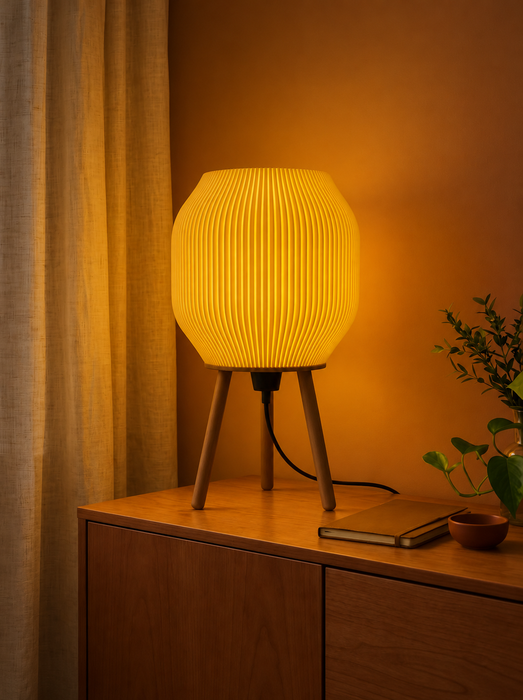 Lampe à poser Tripod beige Luciole allumée, avec abat-jour strié imprimé en 3D et trois pieds en bois, diffusant une lumière douce et chaleureuse.