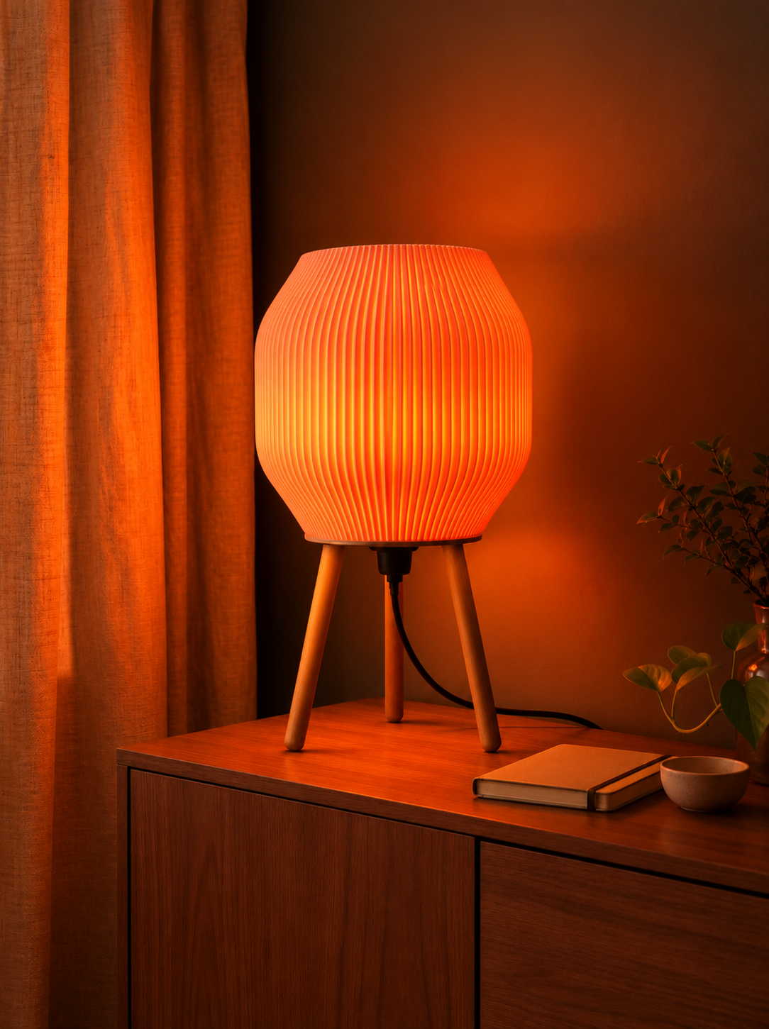 Lampe à poser Tripod rose Luciole allumée, avec abat-jour strié imprimé en 3D et trois pieds en bois, créant une ambiance lumineuse douce et chaleureuse.