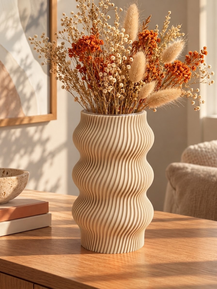 Vase ondulé beige au design moderne, imprimé en 3D avec une finition texturée et des courbes sculpturales – Luciole.