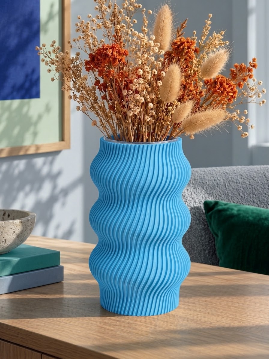Vase ondulé bleu au design moderne, imprimé en 3D avec une finition texturée et des courbes sculpturales – Luciole.