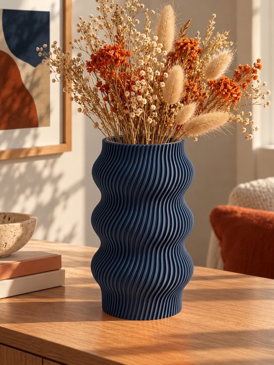 Vase ondulé bleu nuit au design moderne, imprimé en 3D avec une finition texturée et des courbes sculpturales – Luciole.