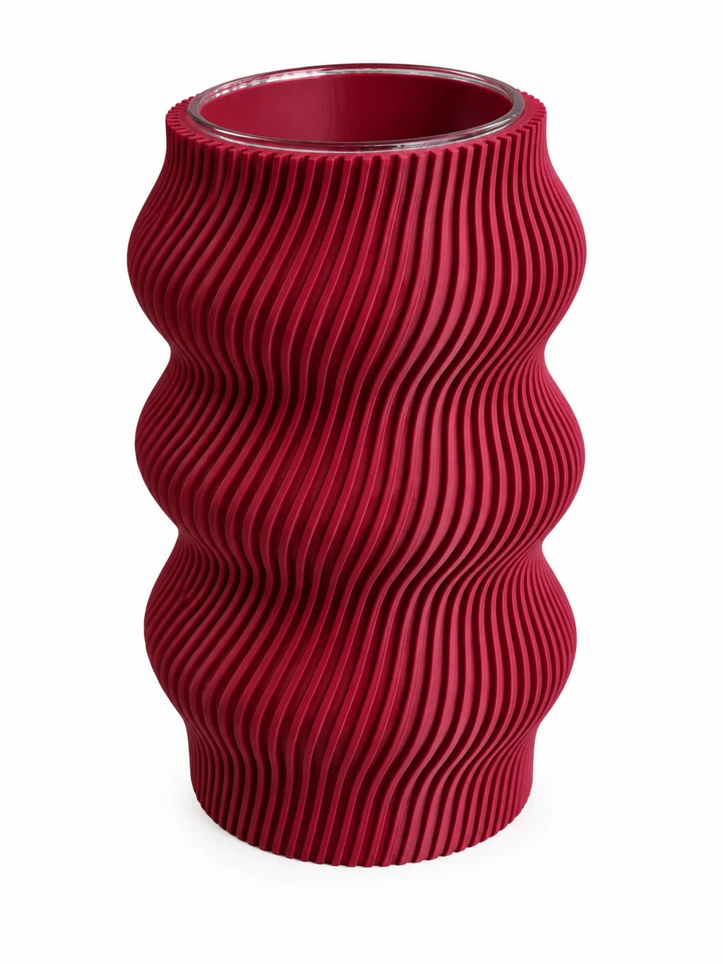 Vase ondulé bordeaux de 21,5 cm imprimé en 3D à Douai avec insert en verre étanche pour fleurs fraîches