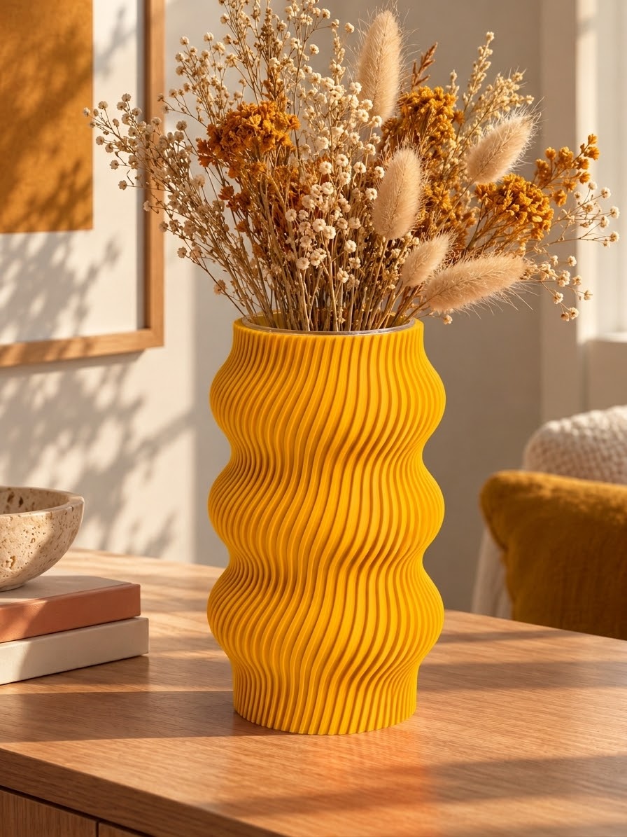 Vase ondulé jaune au design moderne, imprimé en 3D avec une finition texturée et des courbes sculpturales – Luciole.