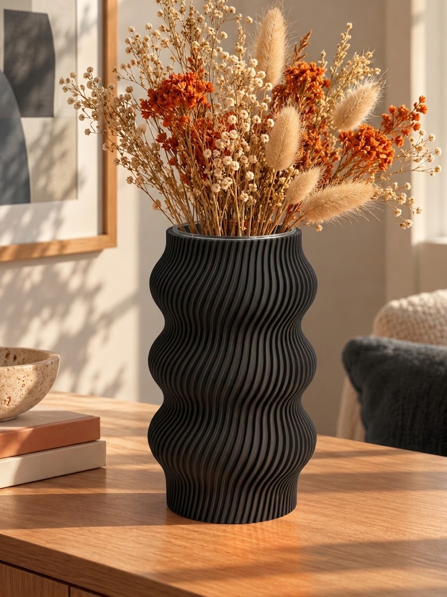 Vase ondulé noir au design moderne, imprimé en 3D avec une finition texturée et des courbes sculpturales – Luciole.