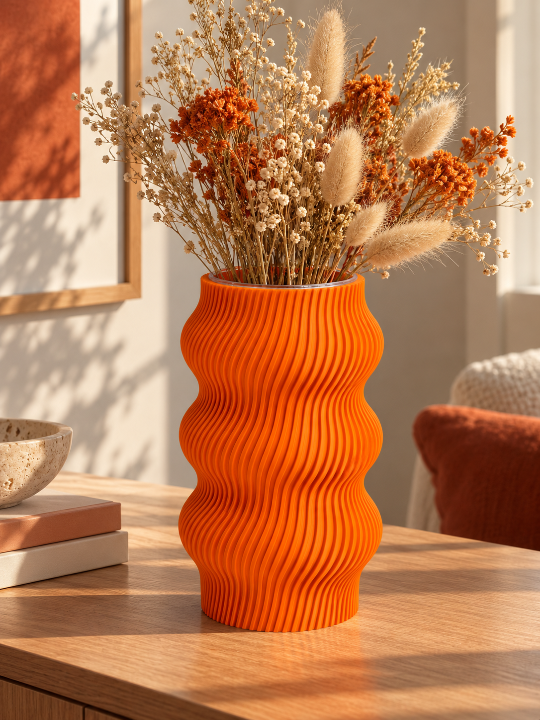 Vase ondulé orange au design moderne, imprimé en 3D avec une finition texturée et des courbes sculpturales – Luciole.