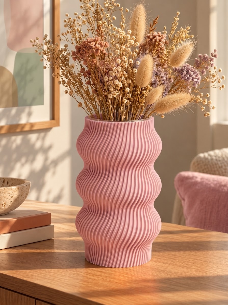 Vase ondulé rose au design moderne, imprimé en 3D avec une finition texturée et des courbes sculpturales – Luciole.
