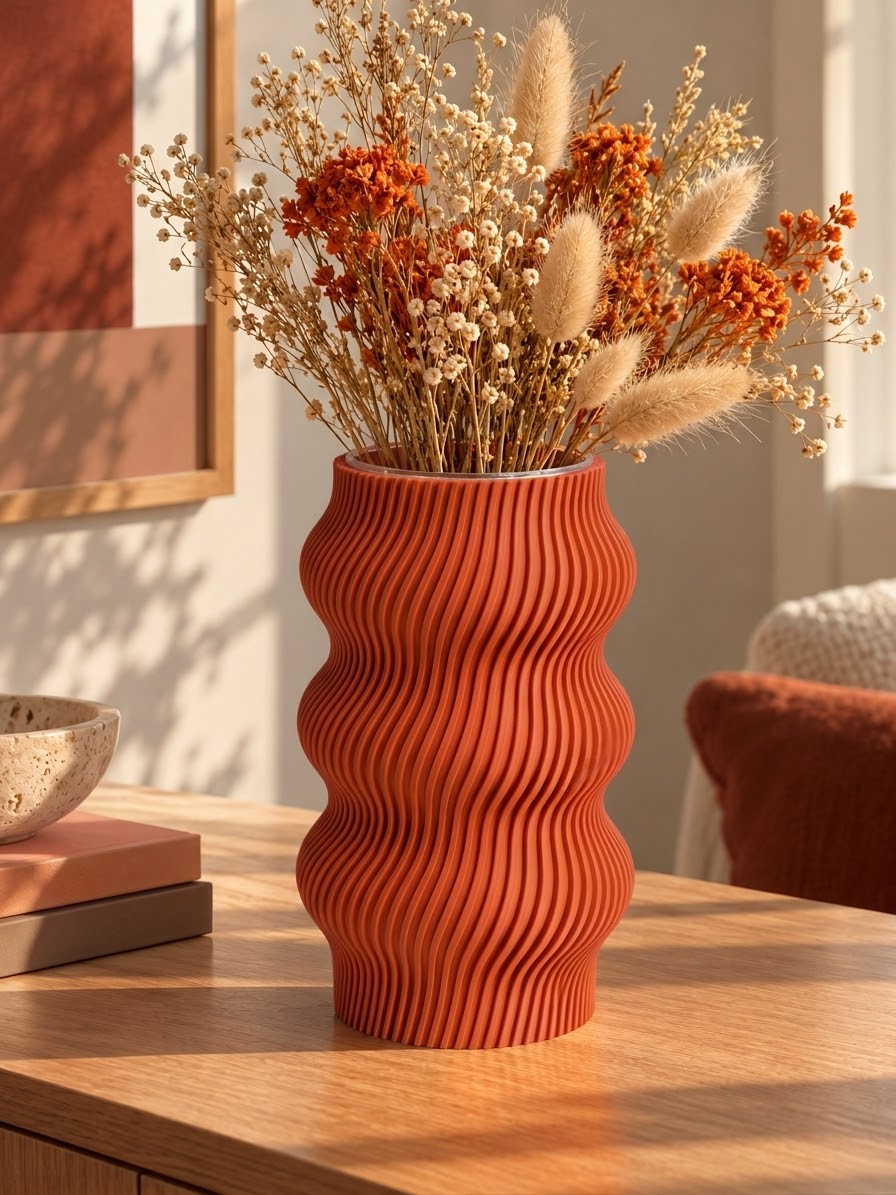 Vase ondulé terracotta au design moderne, imprimé en 3D avec une finition texturée et des courbes sculpturales – Luciole.