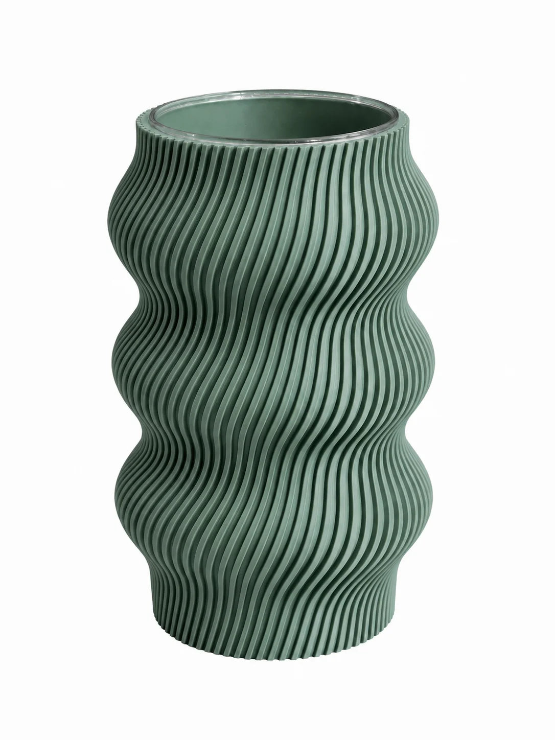 Vase ondulé vert de 21,5 cm imprimé en 3D à Douai avec insert en verre étanche pour fleurs fraîches